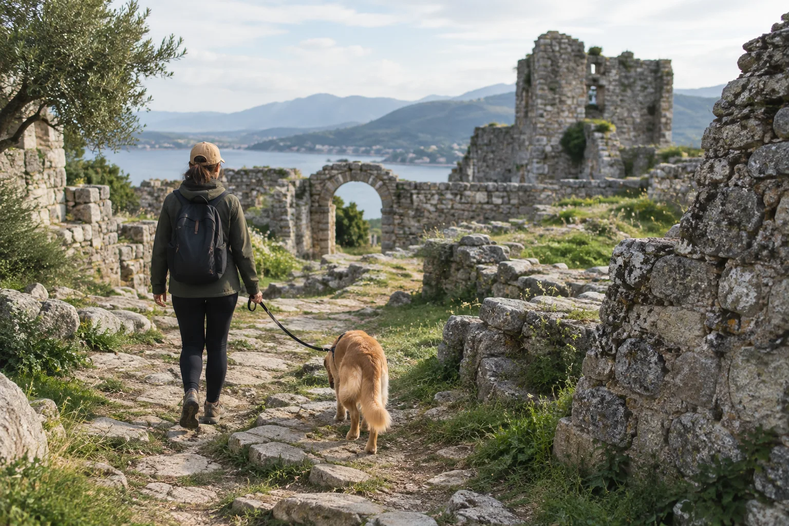 Un chien tenu en laisse découvre un chemin parmi les vestiges de murs anciens.