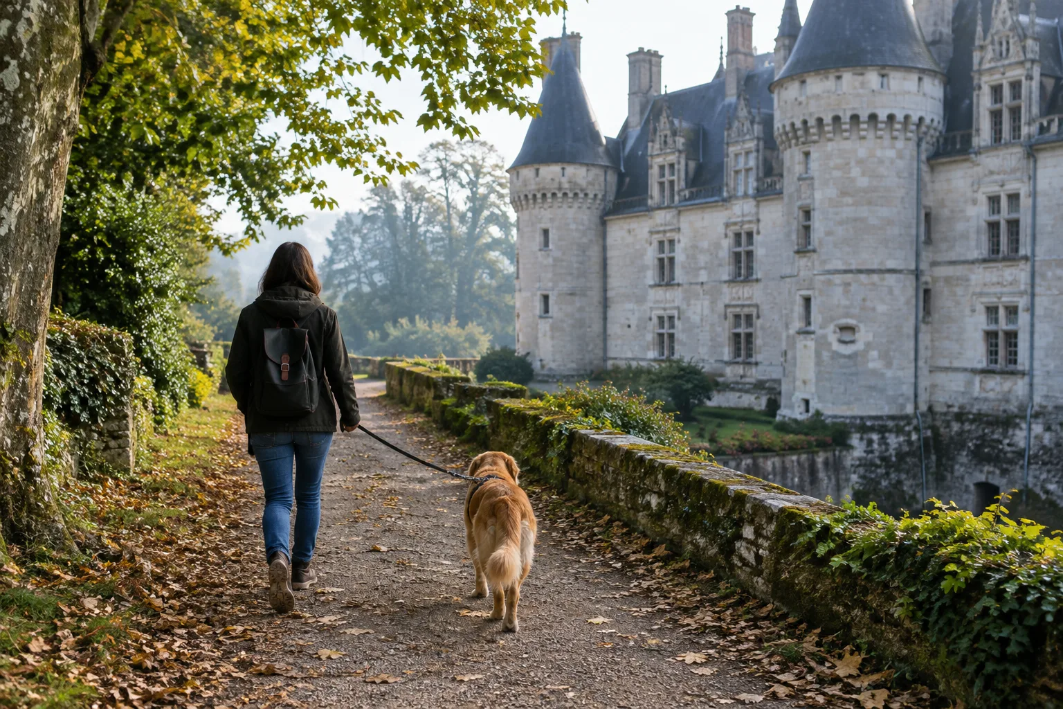 Un chien tenu en laisse marche sur une allée arborée près d’un château en pierre.