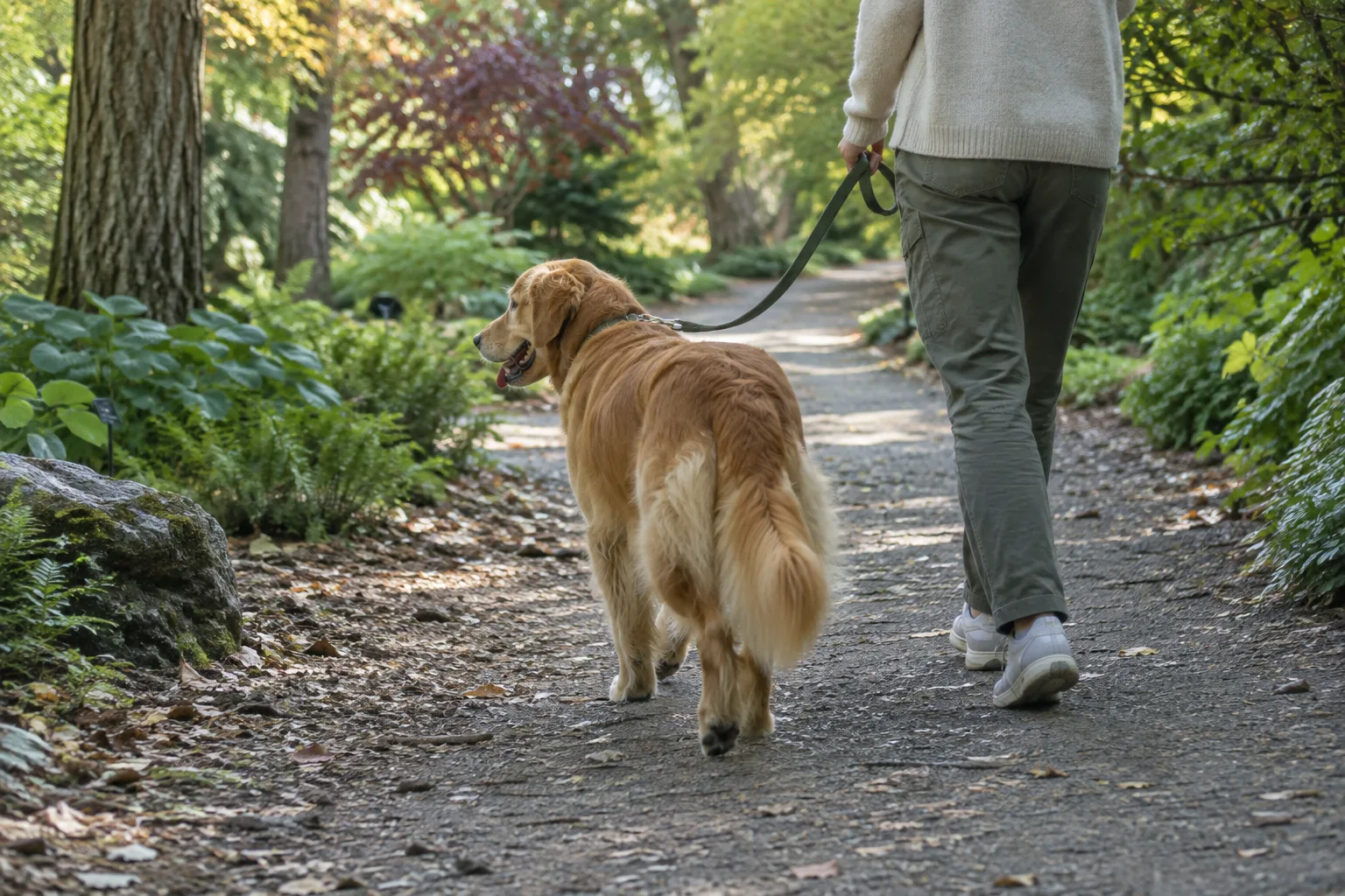 Un chien en laisse marche sur une allée ombragée dans un arboretum.