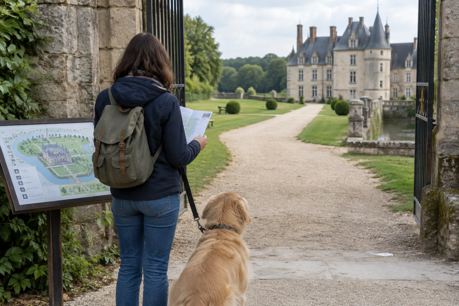 Un visiteur consulte le plan du domaine avec son chien près de l’entrée d’un château.