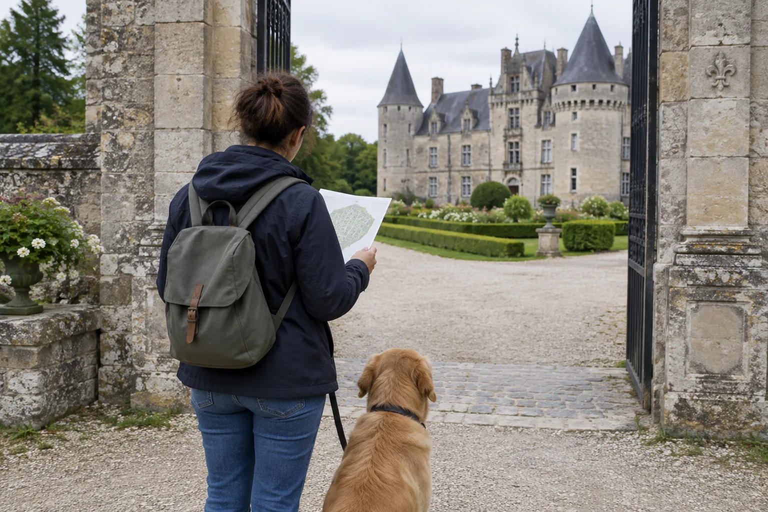 À l’entrée d’un château, une personne consulte le plan du domaine tandis que son chien attend en laisse.
