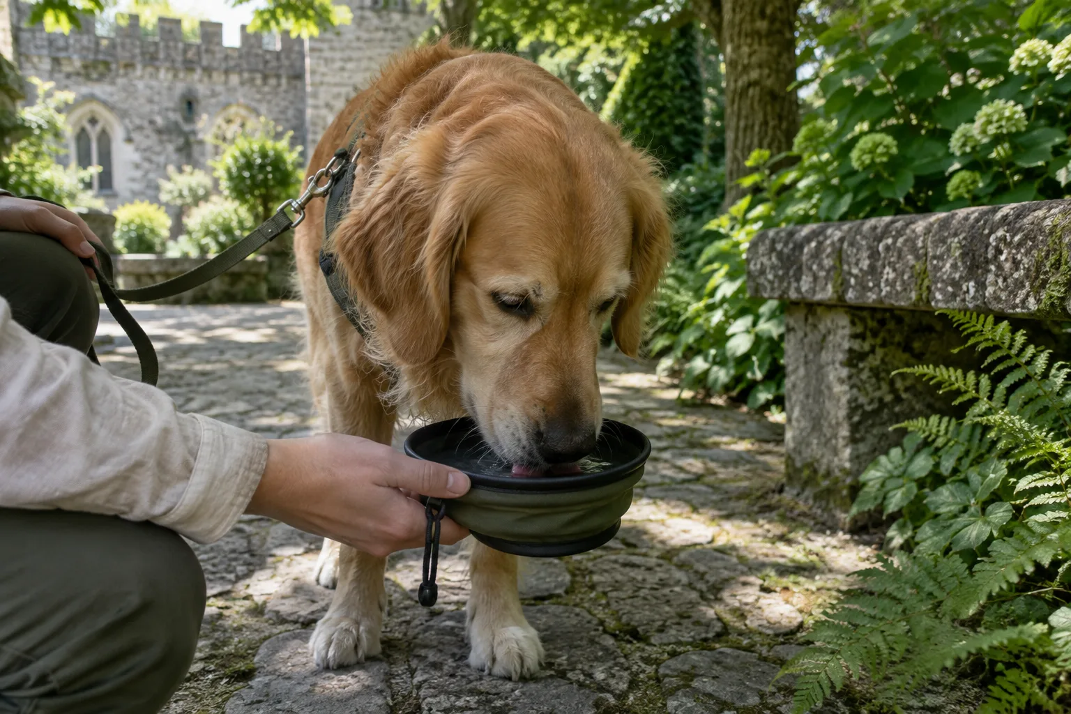 Un chien boit dans une gamelle portable à l’ombre d’un jardin historique.