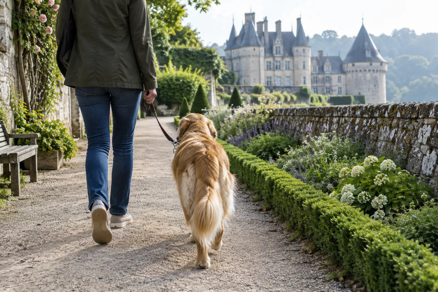 Un chien en laisse marche avec son maître dans l’allée d’un jardin de château.