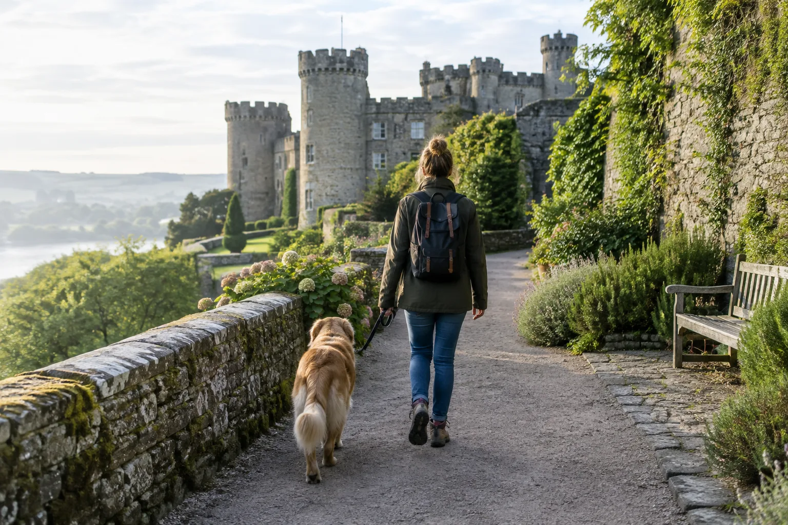 Un chien en laisse marche avec son propriétaire dans les jardins d’un château.