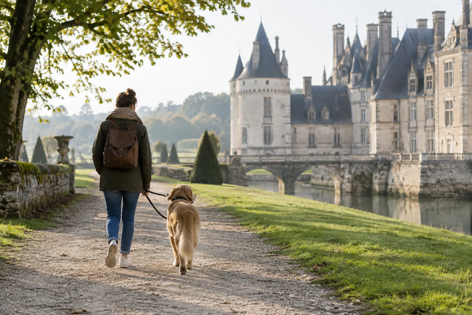 Un chien en laisse se promène avec son propriétaire dans le parc d’un château.