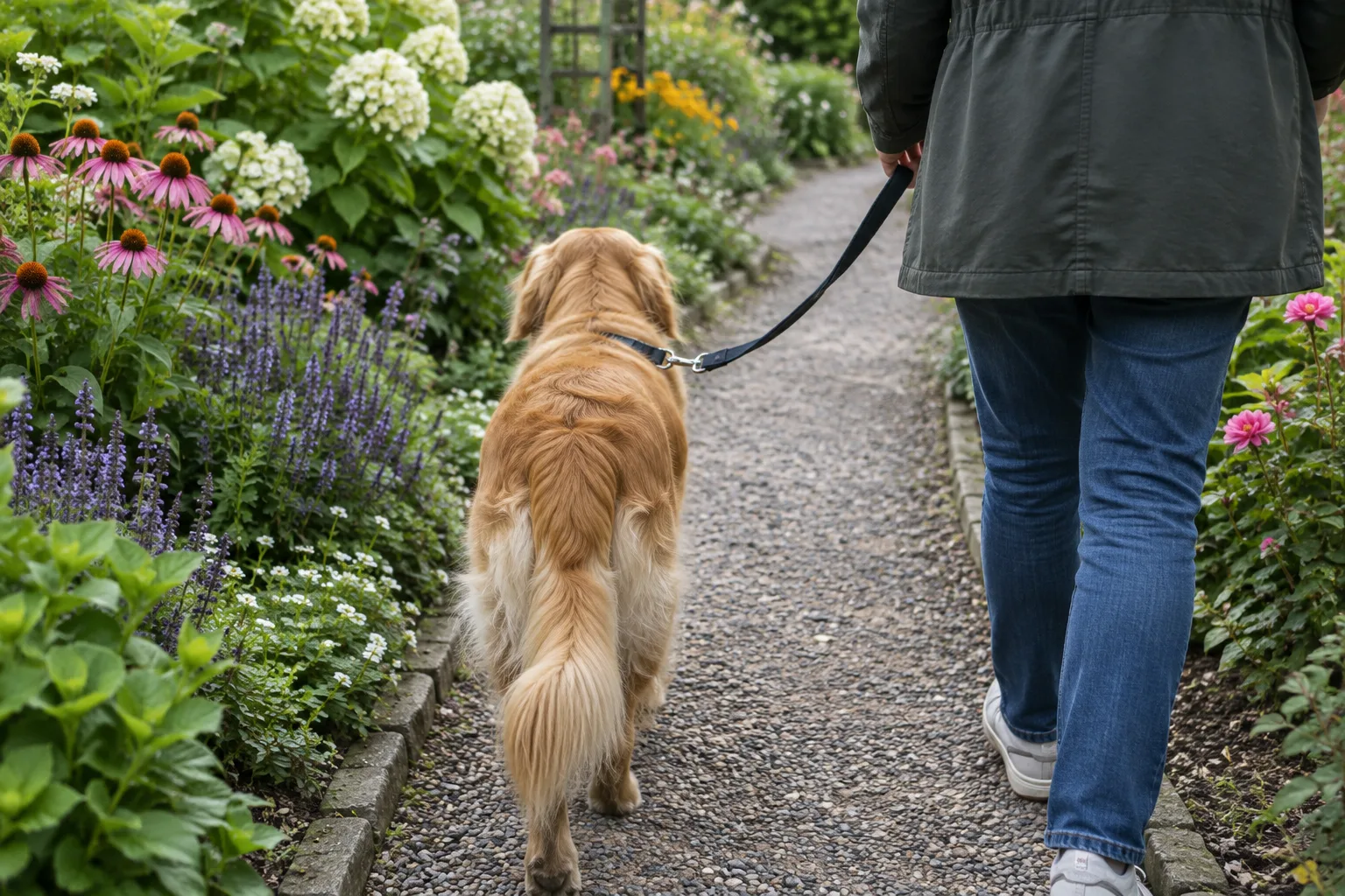 Un chien en laisse marche sur une allée étroite bordée de massifs fleuris.