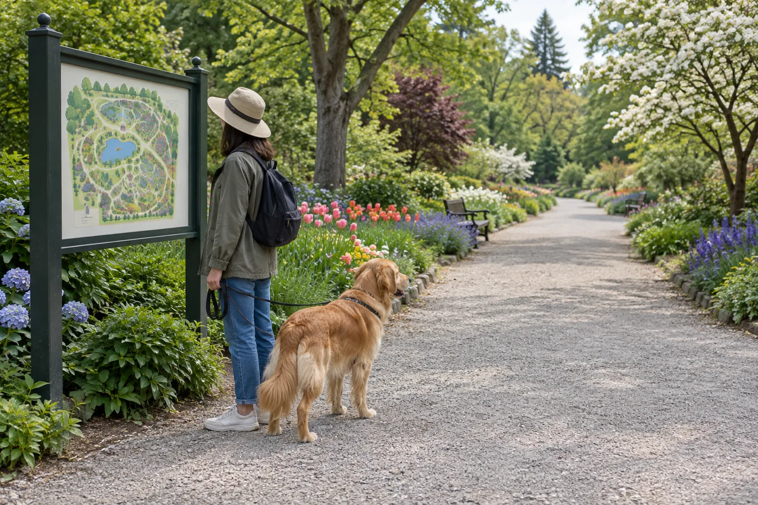 Un chien en laisse attend près d’un plan à l’entrée d’une allée de jardin.