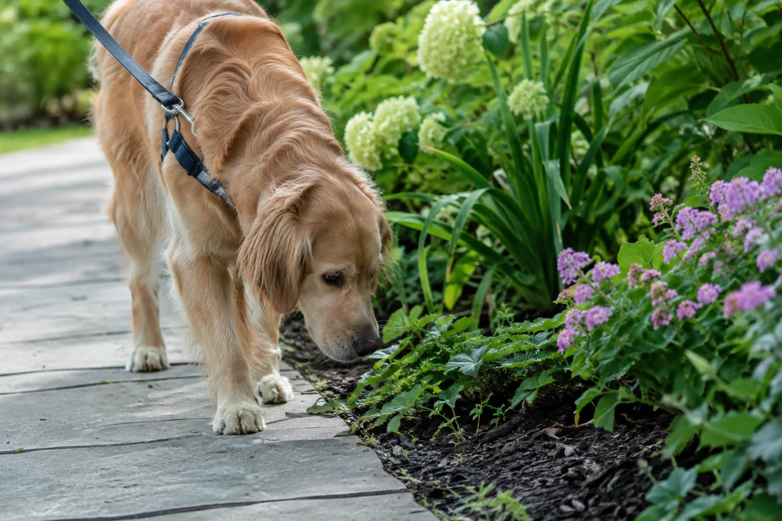 Un chien en laisse renifle au bord d’une allée, près de massifs de jardin.