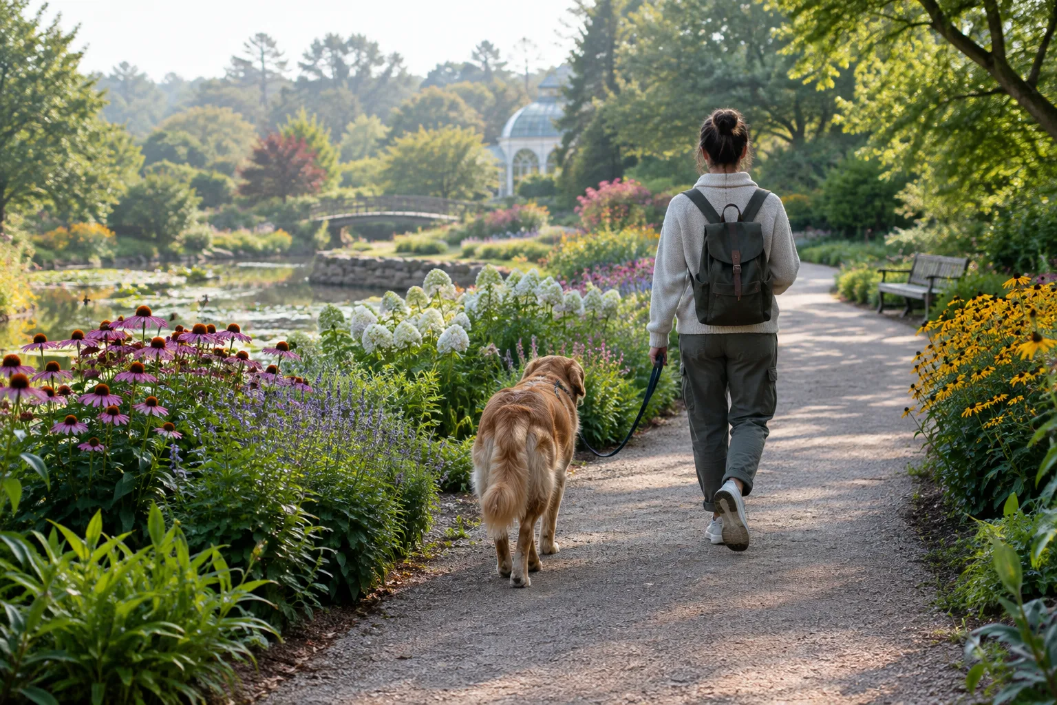Un chien tenu en laisse accompagne son propriétaire sur une allée bordée de plantations dans un jardin.