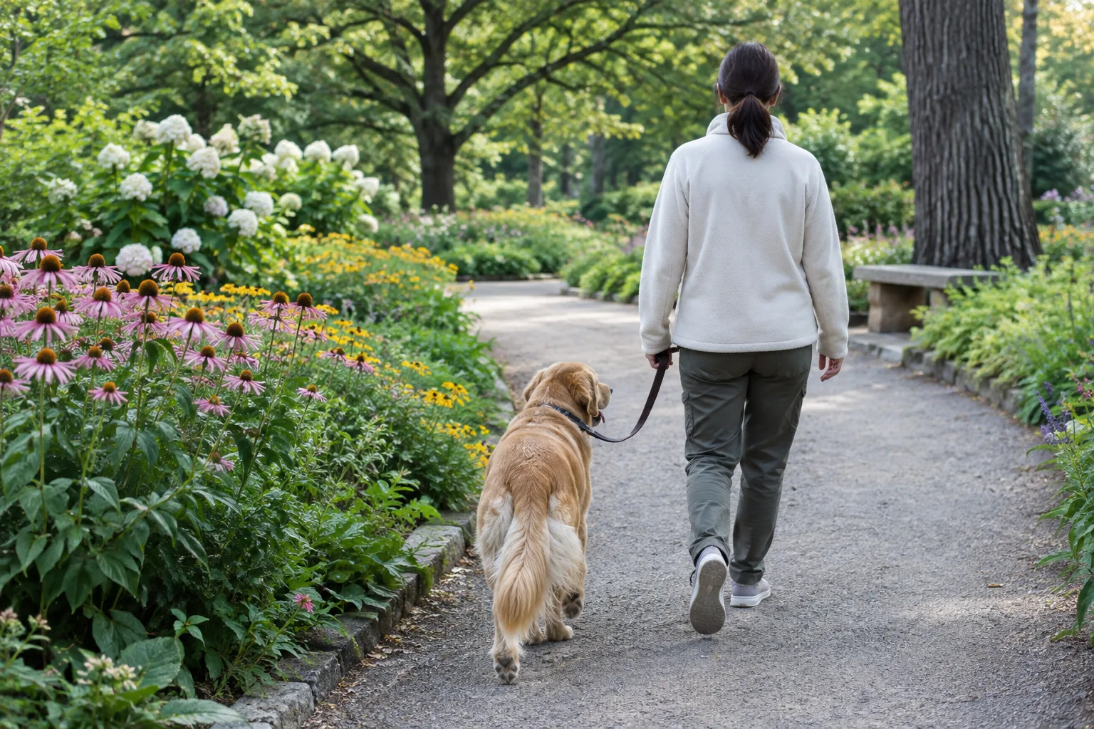 Un chien tenu en laisse avance sur une allée bordée de fleurs dans un jardin.