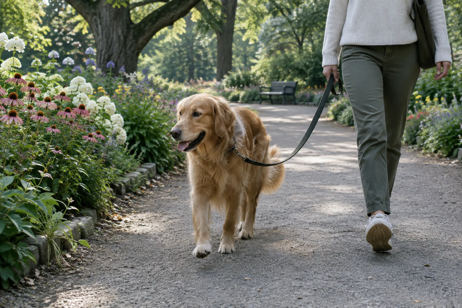 Un chien tenu en laisse avance sur une allée bordée de massifs dans un jardin.