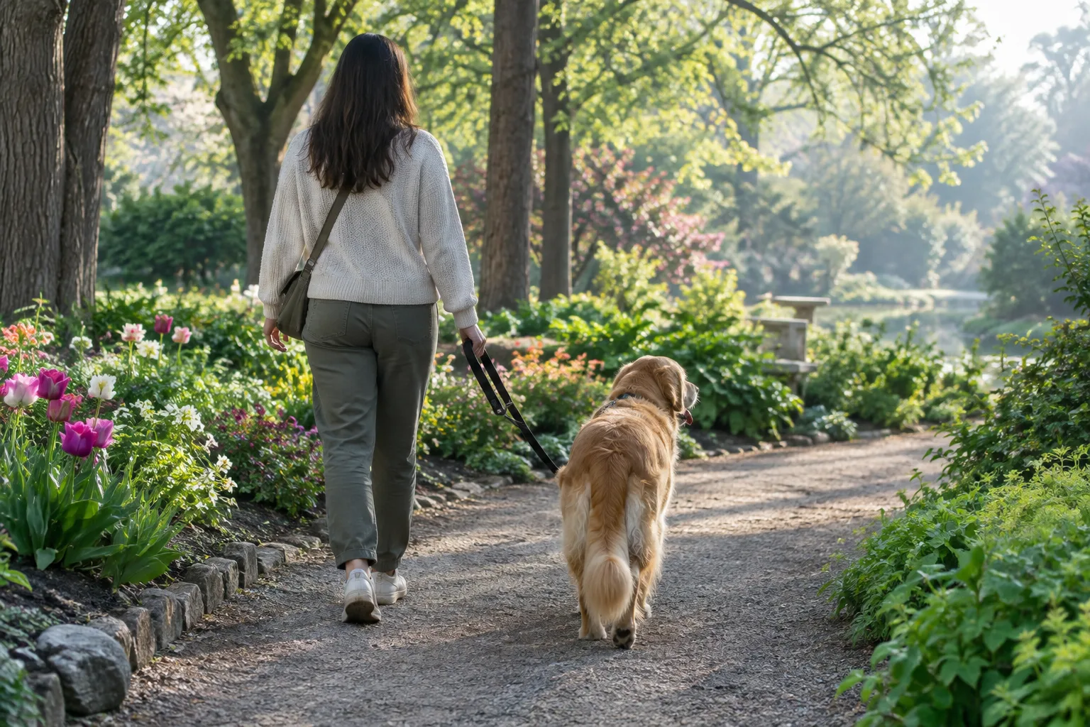 Un chien en laisse fait une pause à l’ombre sur une allée de jardin.