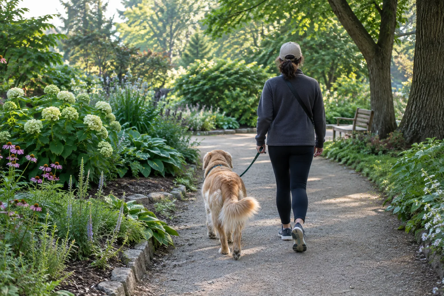 Un chien en laisse accompagne son propriétaire sur une allée bordée de plantes dans un jardin.