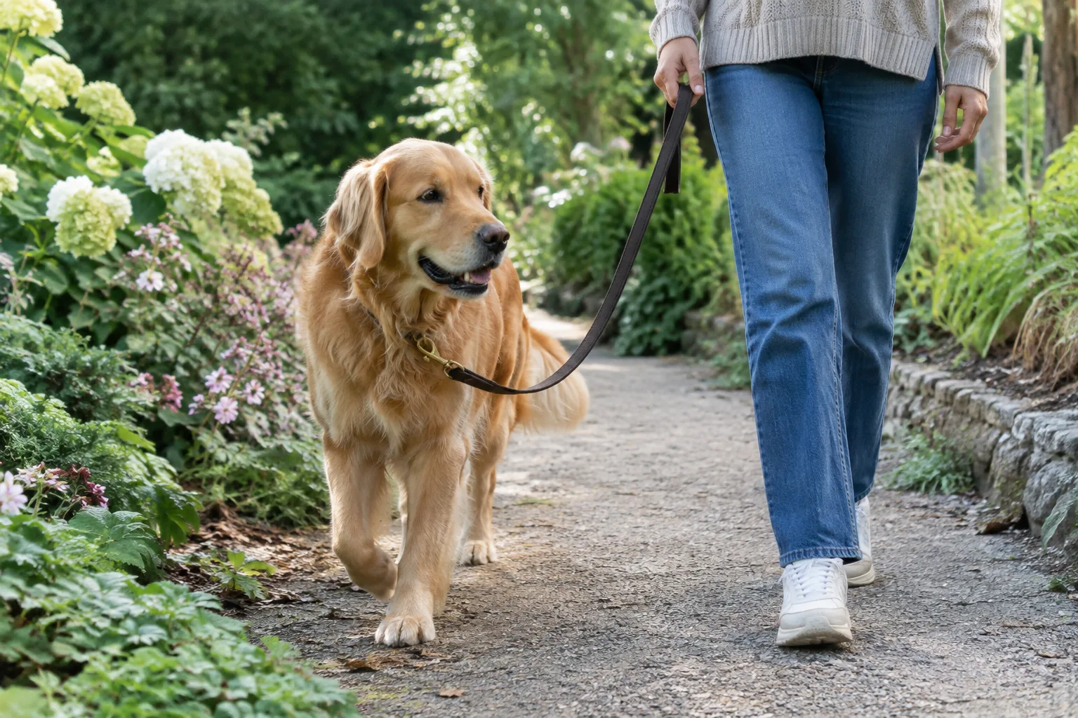 Un chien tenu en laisse marche sur une allée bordée de végétation dans un jardin.