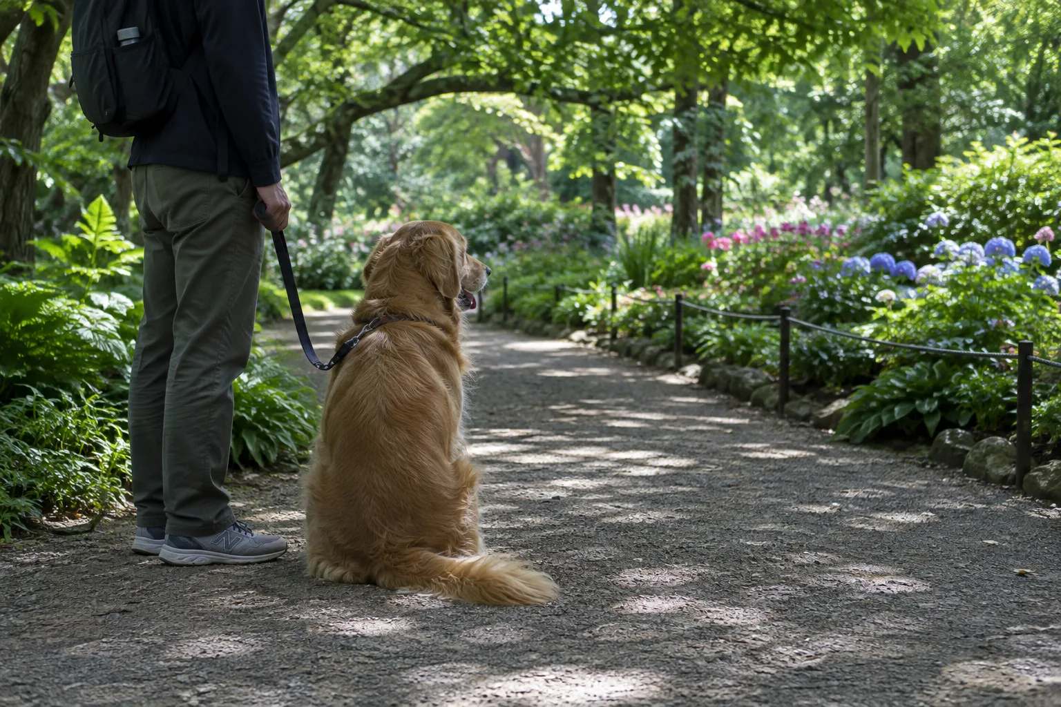 Un chien tenu en laisse fait une pause sur une allée ombragée, près de massifs végétaux.