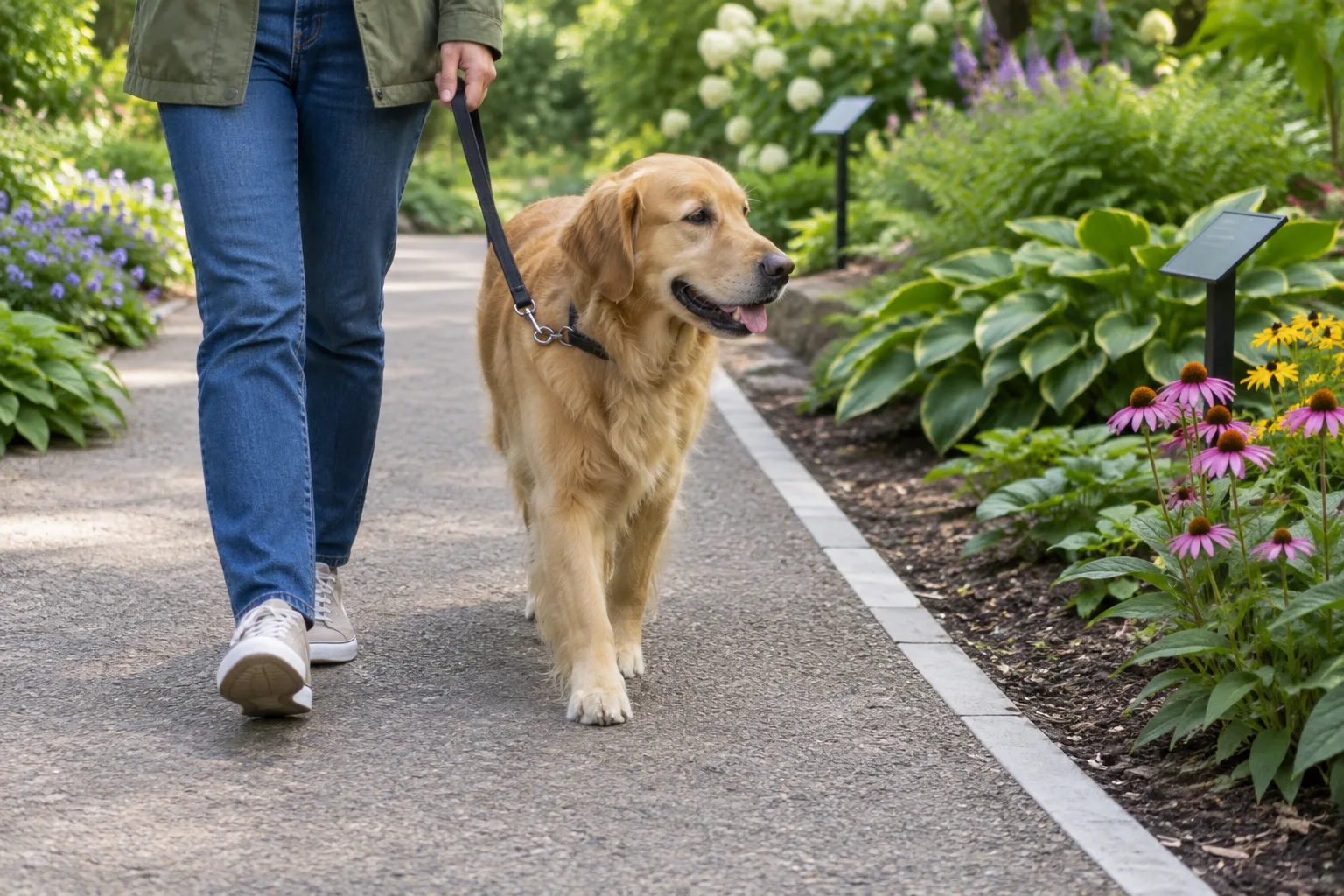 Un chien en laisse reste sur une allée balisée, près de massifs de plantes.