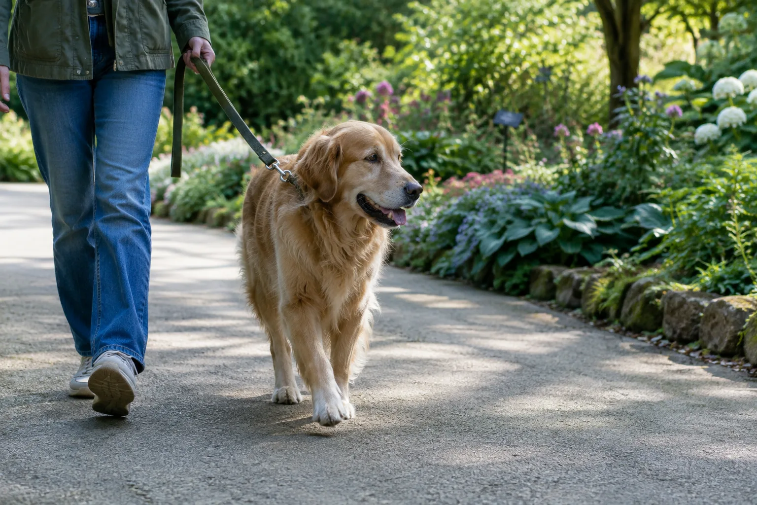 Un chien tenu en laisse avance sur une allée bordée de végétation dans un jardin botanique.