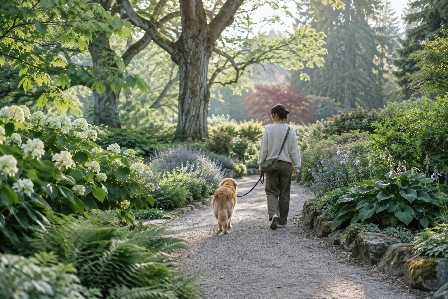 Un chien en laisse accompagne son propriétaire sur une allée arborée d’un jardin botanique.