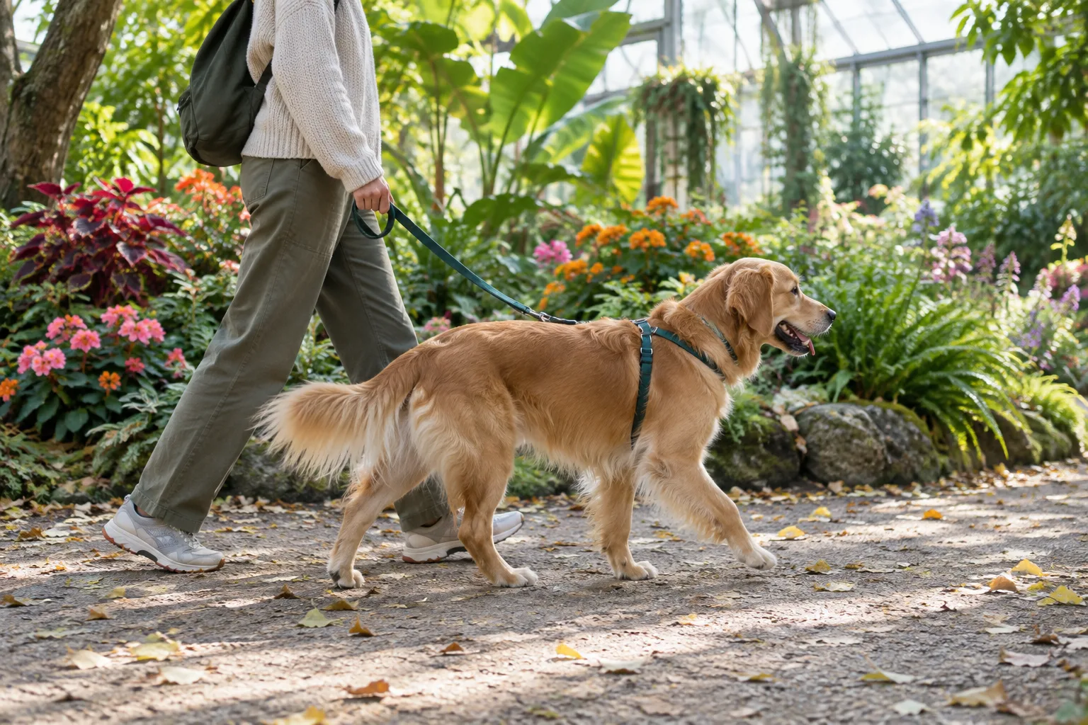 Un chien en laisse marche sur une allée bordée de plantes dans un jardin botanique.