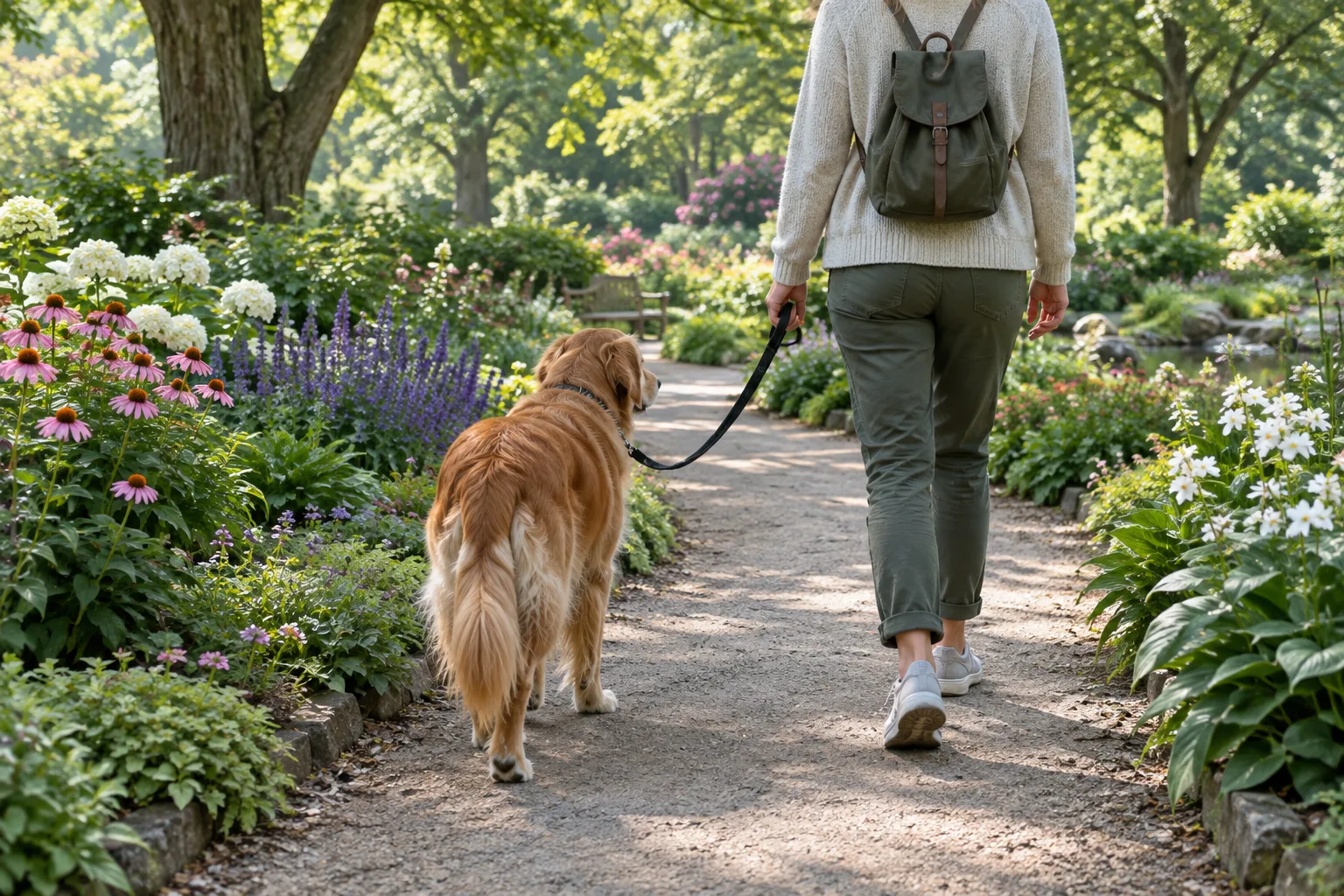 Un chien tenu en laisse avance sur une allée bordée de végétation dans un jardin botanique.