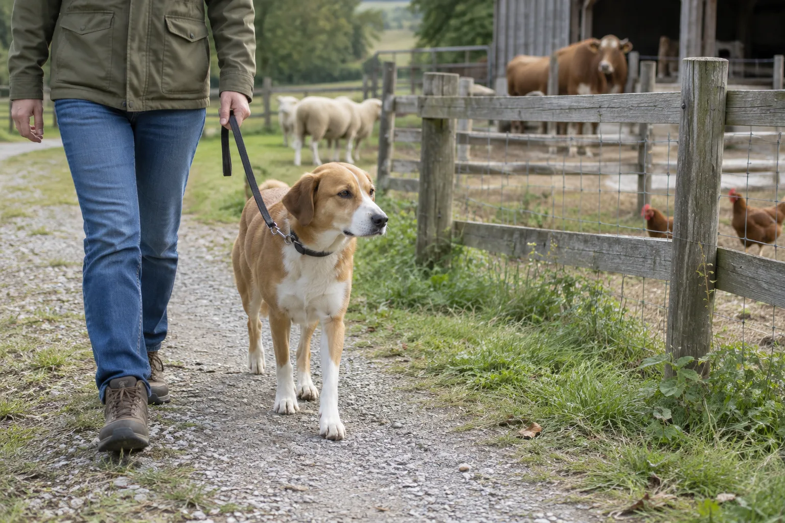 Un chien tenu en laisse longe un enclos dans une ferme pédagogique.