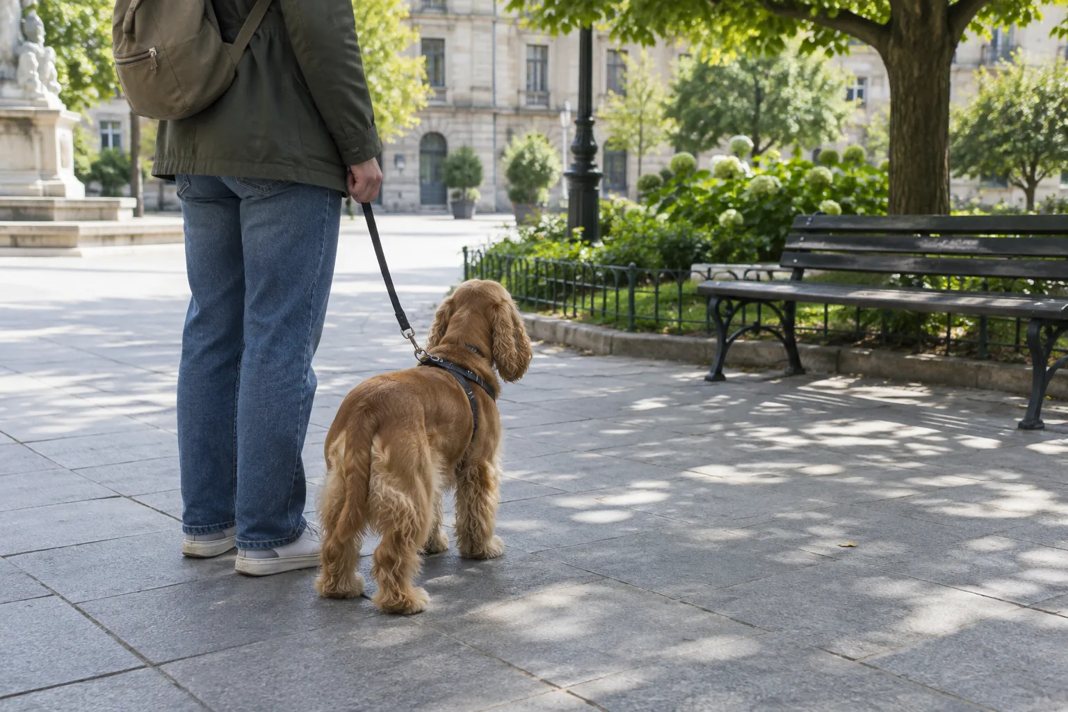 Un chien en laisse fait une pause sur une place calme, près d’un banc ombragé.