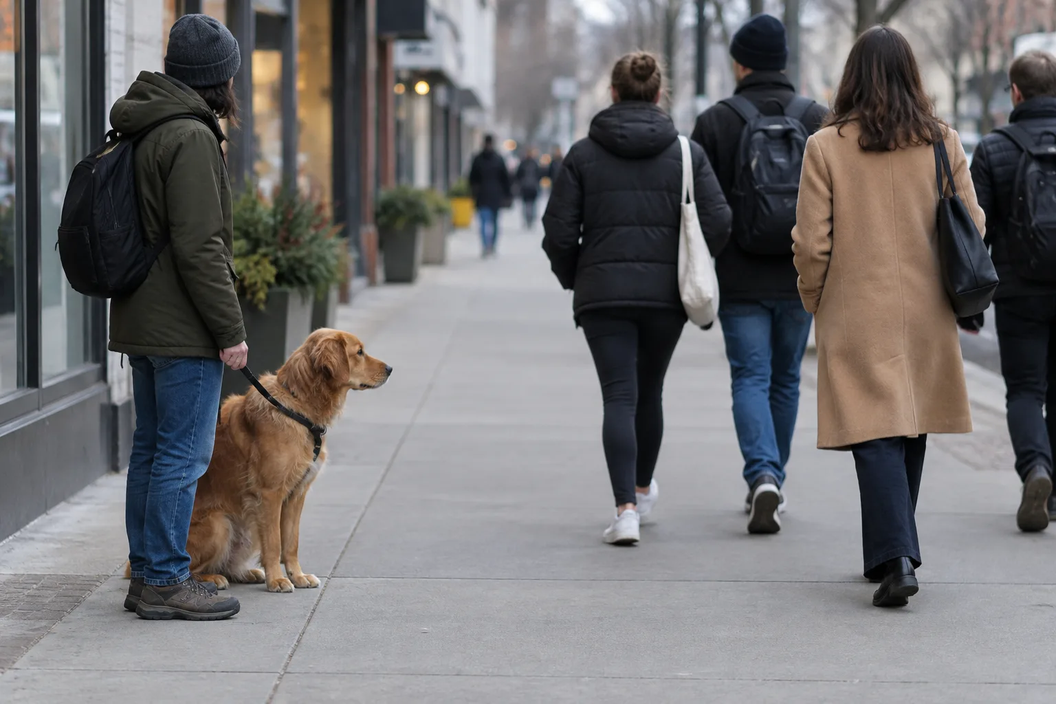 Un chien tenu près de son propriétaire laisse passer des piétons sur un large trottoir.