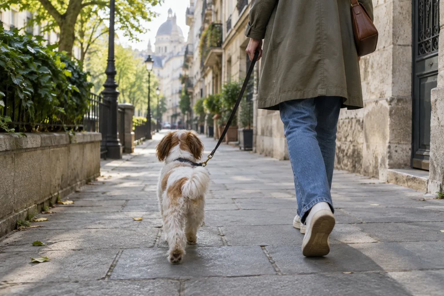 Un chien tenu en laisse marche avec son propriétaire dans une rue calme bordée de façades anciennes.